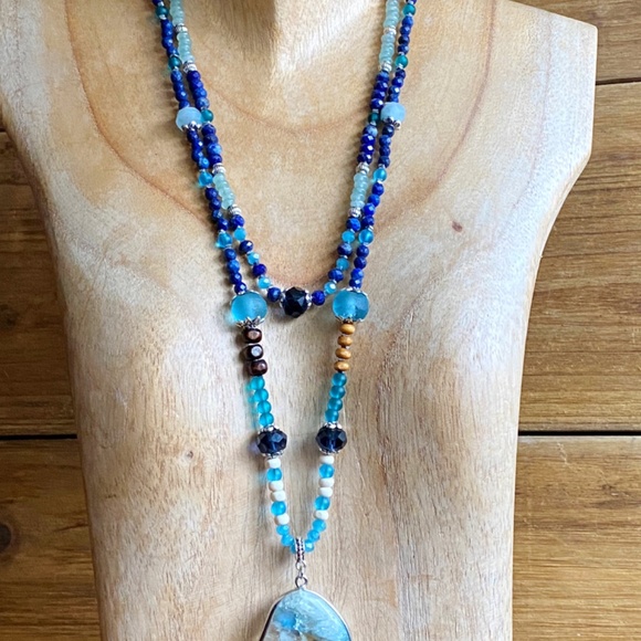 Multi Gemstone Layered Statement Necklace with Lapis Lazuli - Aquamarine - Picture 8 of 10